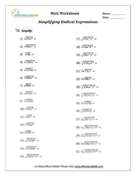Simplifying Radical Expressions Worksheet - Helping Times